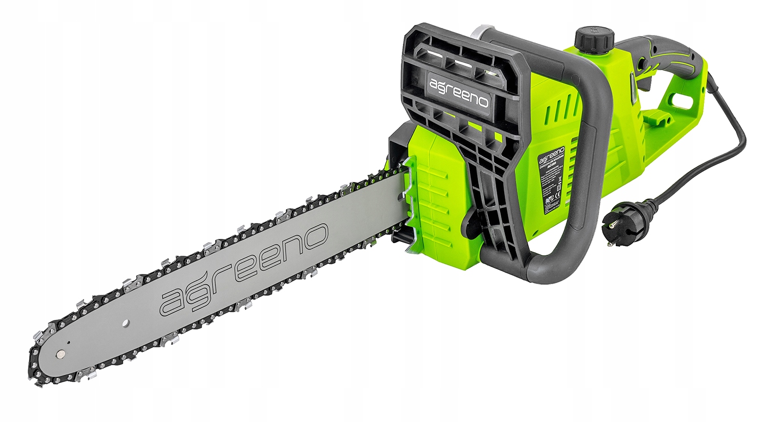 Pilarka łańcuchowa marki Agreeno utrzymana w zielono-szarej kolorystyce z elementami czarnymi, takimi jak uchwyt, obudowa silnika i przewód zasilający, na białym tle - ujęcie nr 2